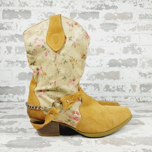 Santa Fe Yellow & Cream Leather Floral Western Heeled Bootie C702 - Picture 5 of 11